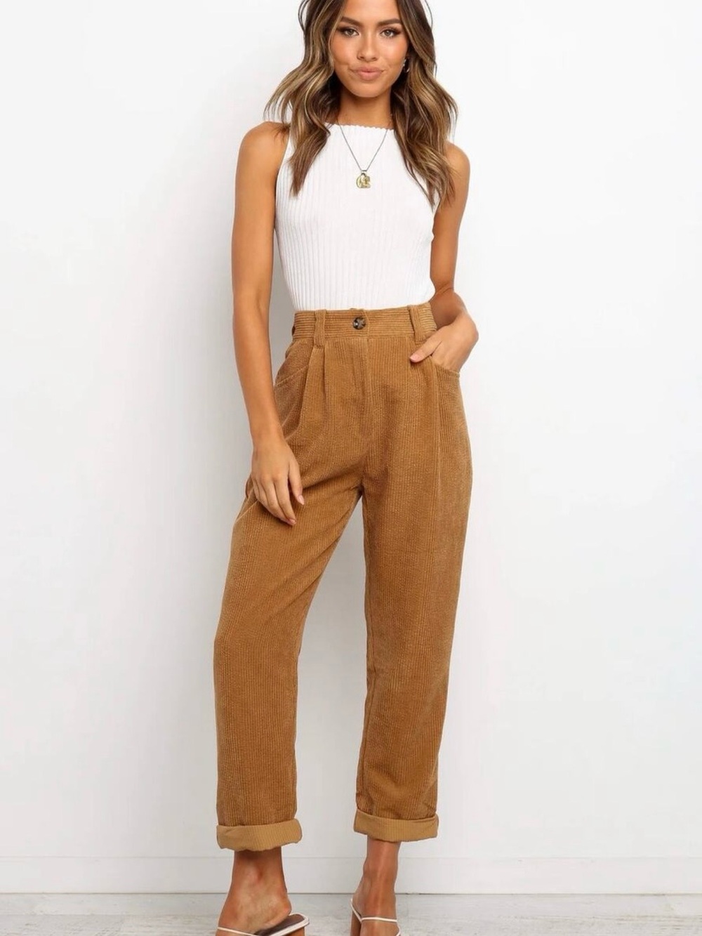 Petal & Pup Tan Corduroy High Rise Relaxed Fit Pants